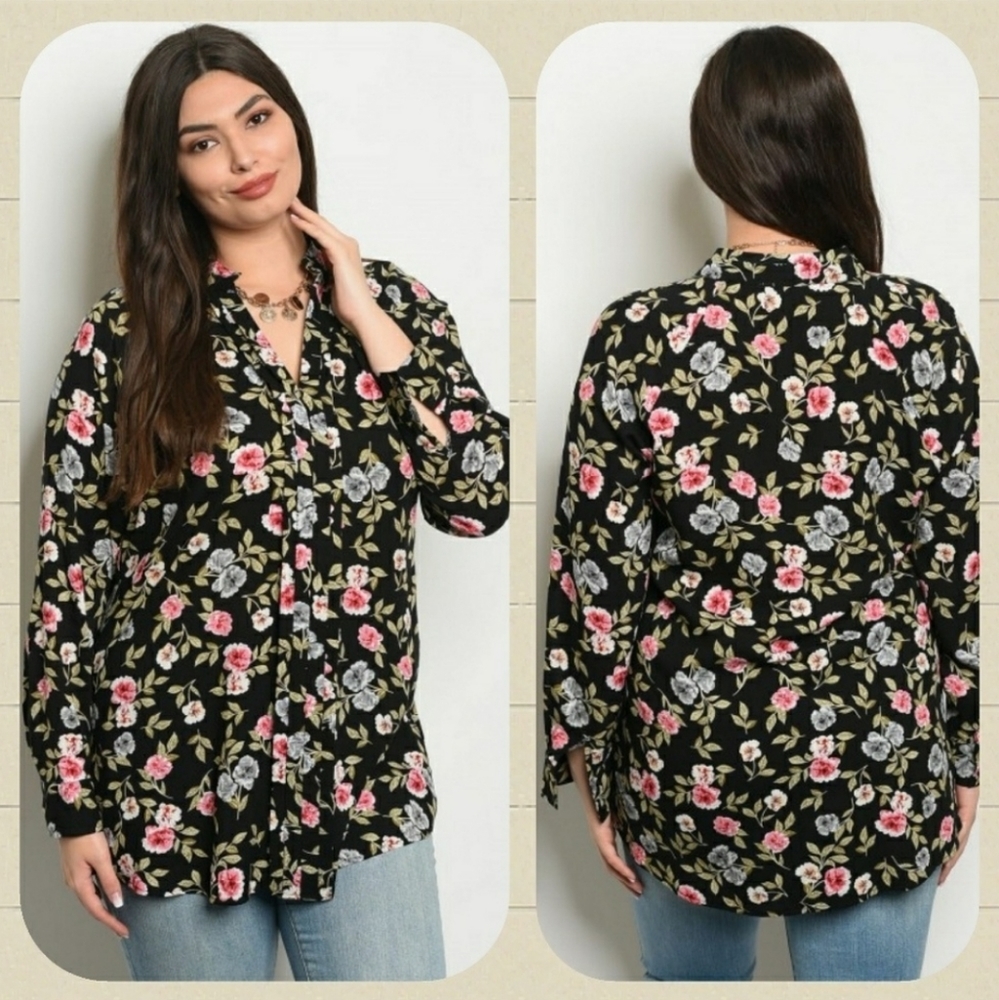 Plus size long sleeve floral print blouse